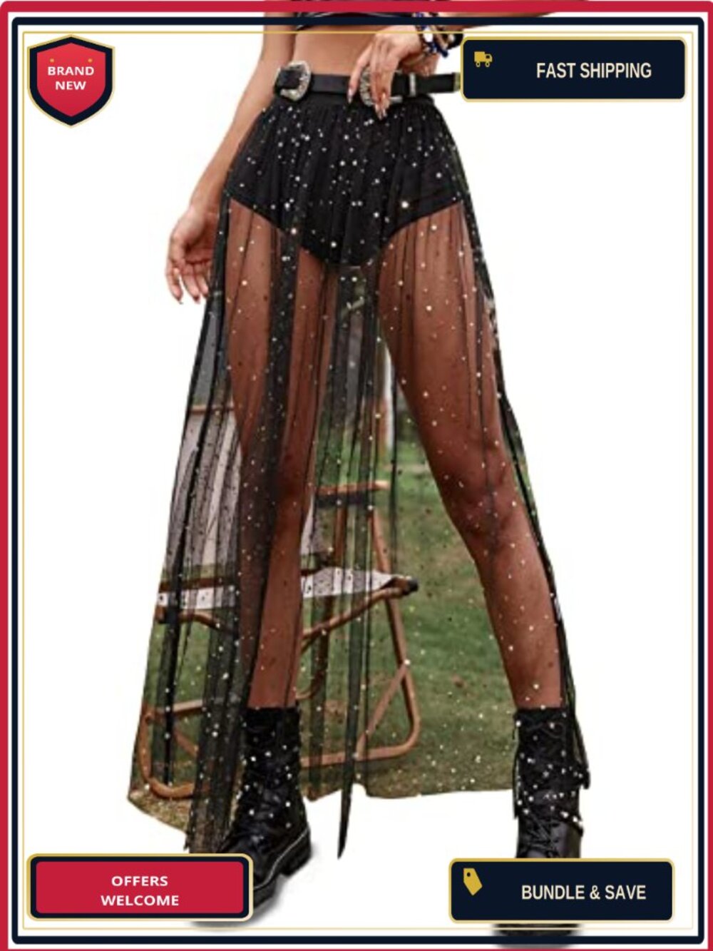 Sheer Mesh High Waist A Line Maxi Skirt Festival Clubwear Built In Brief